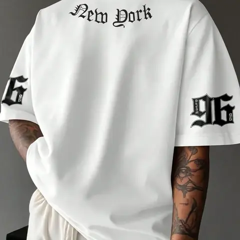 Manfinity EMRG Men's Casual Letter Print Short Sleeve T-Shirt, Summer Oversized White T Shirt Men Men Slogan Graphic Drop Shoulder Tee Street Wear Tee 96 Graphic Tee New York Graphic Tee Streetwear Letters Print Tee