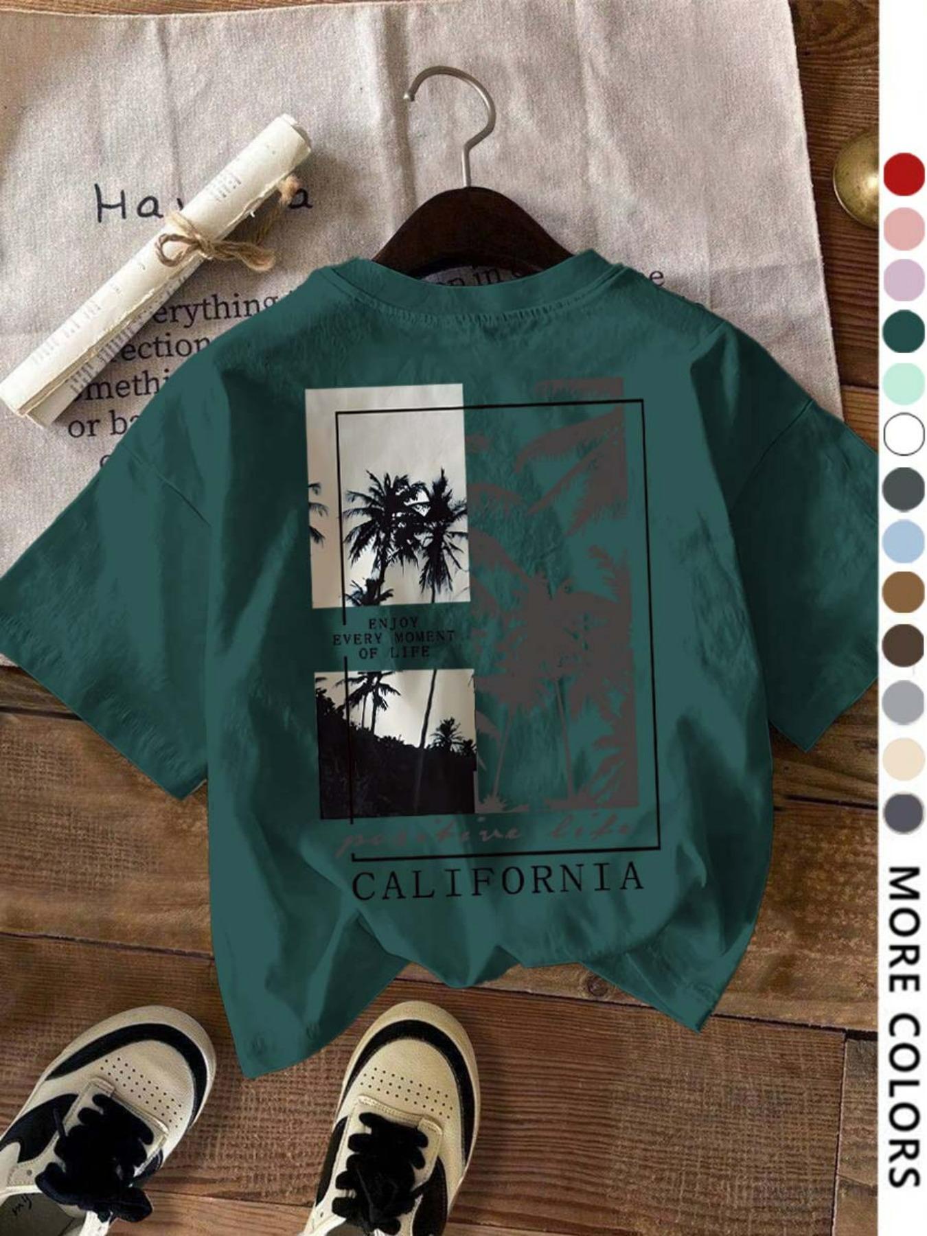 Women's Letter & Tree Print Round Neck Tee, Fashion Casual Short Sleeve T-shirt for Daily Wear, Ladies Summer Clothes