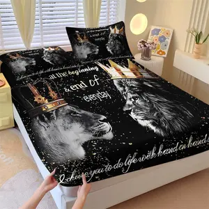 Gold Crown Lion King Queen Couple Print Bed Sheet Set, Includes 2 Pillowcases, Durable Non-Slip Mattress Protector, Romantic Bedroom Decor