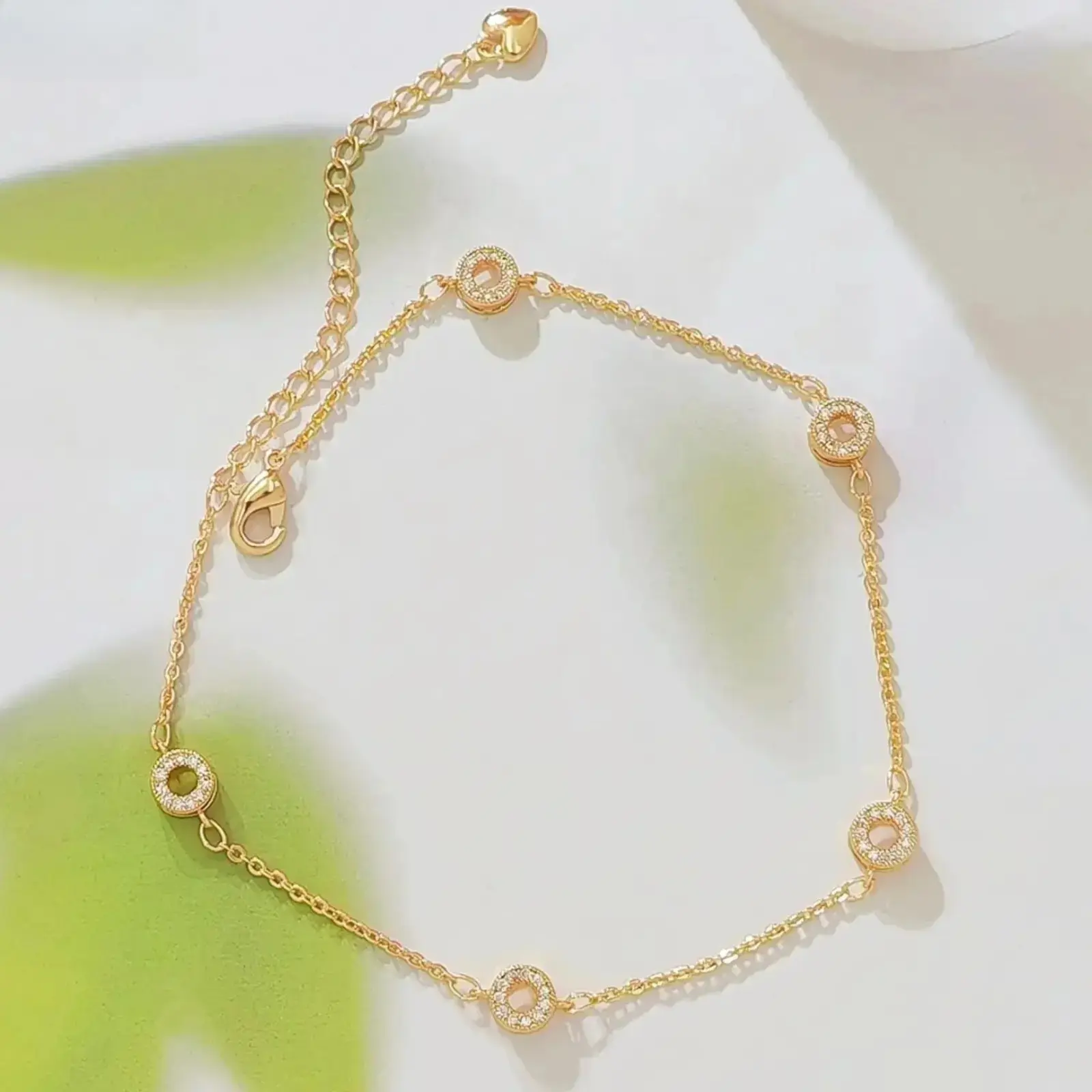 Elegant Gold Anklet For Women - 14K Gold Plated Cubic Zirconia Circle Station Chain, Dainty Adjustable Foot Jewelry With Heart Charm For Wedding, Daily Wear & Beach Vacation Gift