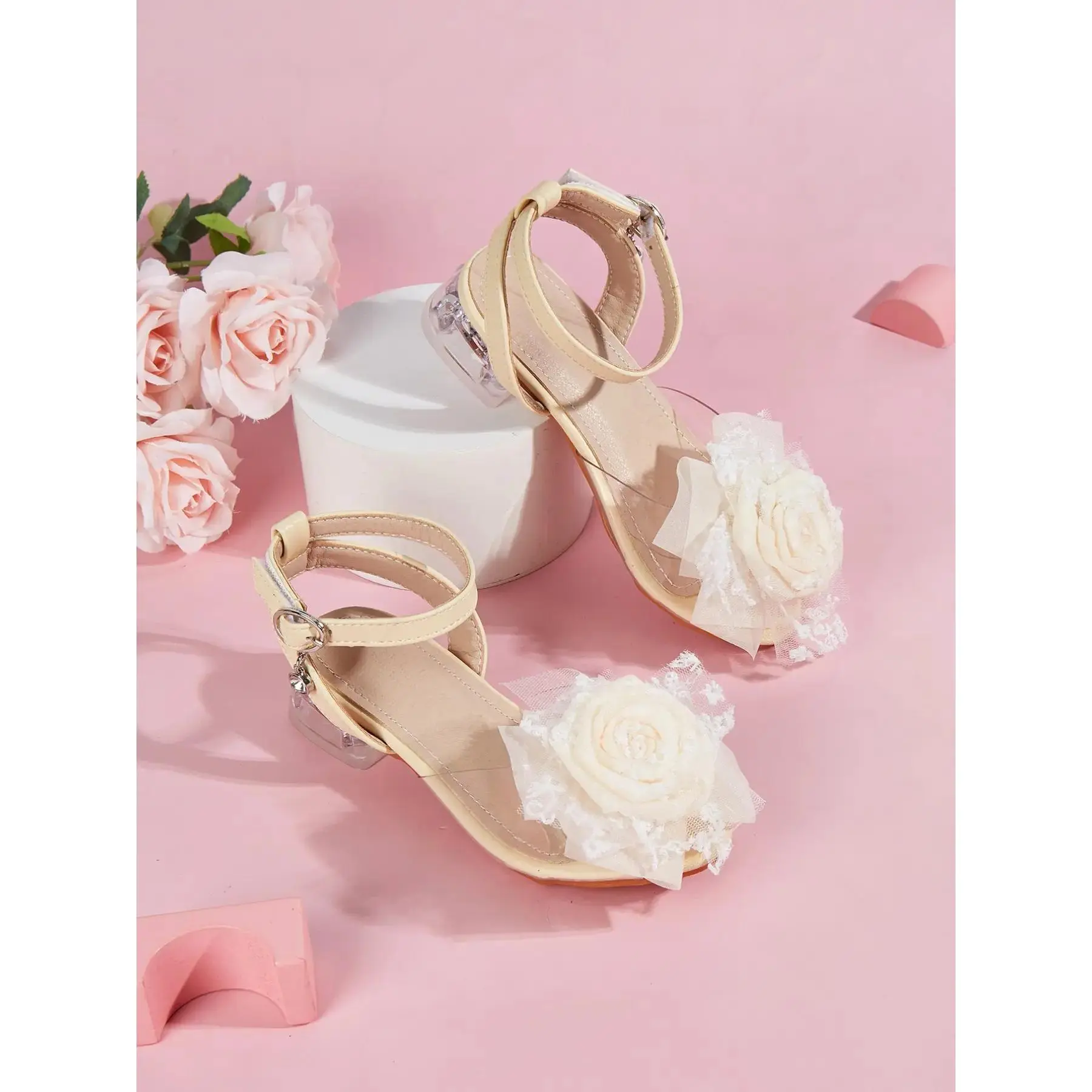 2026 Spring New Girls High Heels, Comfortable Lace Flower Design, PU Leather Upper, Rubber Sole, Elegant Fashion Strapy Sandals