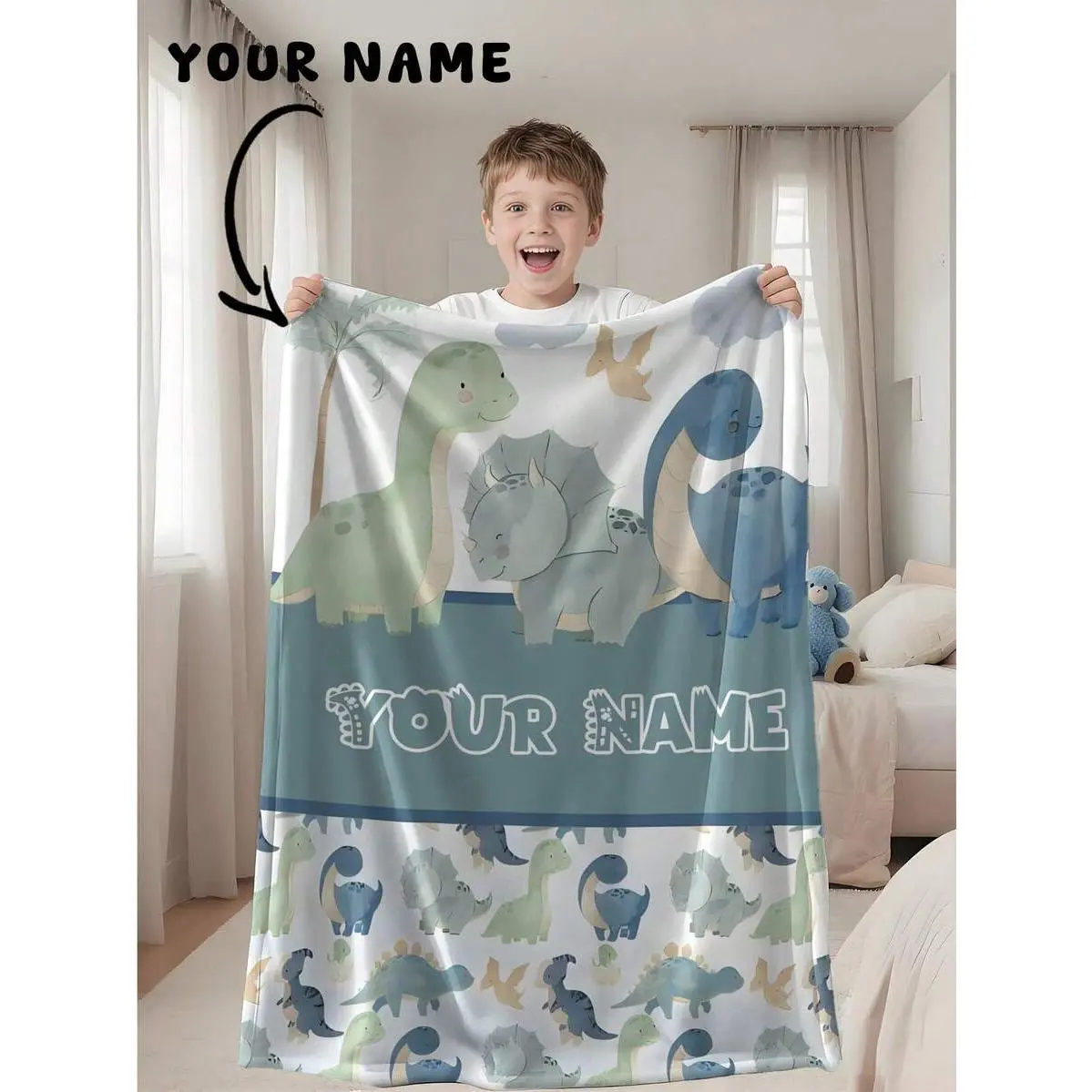 Customized Personalized Dinosaur Throw Blanket - Wrinkle Resistant Watercolor Jurassic Theme Flannel, Soft Cozy Warm Cover, Double Name Design, All Seasons Child Gift for Memorial Day, Glam Nursery Crib Decor
