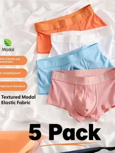 Men's Modal Ribbed Fabric Underwear Set, High Stretch Elastic Breathable Briefs, Soft Non-Irritating, Casual All-Season Wear, 5 Pack, Undergarments