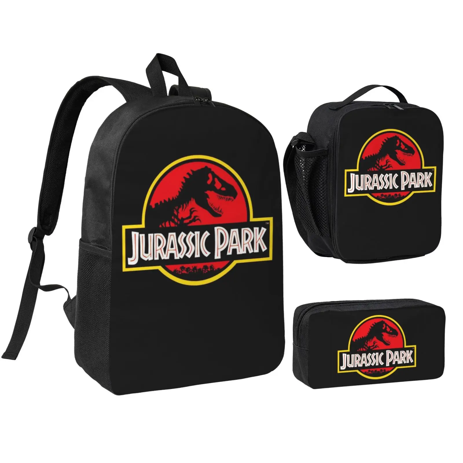 Anime Jurassic Park Graphic 3-Pcs School Backpack Set for Teens, Foam-Padded Adjustable Strap Kids Bookbag with Insulated Lunch Bag, Zip Pencil Case, Lightweight Christmas Gifts for Parties