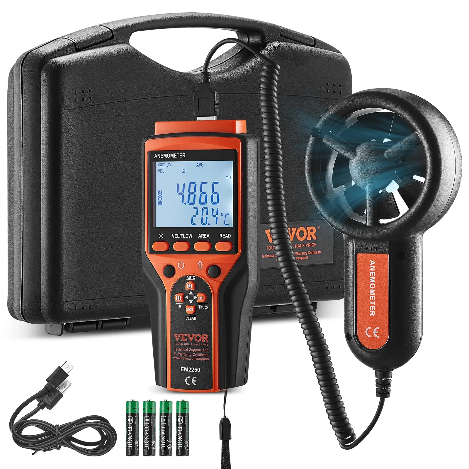 VEVOR Portable Anemometer Split Design, Temp Range 14-140, LED Screen Digital Air Speed Temperature Meter, Wind Chill Velocity Measurement, Ideal for Sailing, Surfing, Flying, HVAC