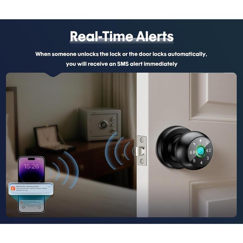 5-in-1 WiFi Smart Fingerprint Door Knob Lock - Built-in WiFi, Lock-Side Programming, APP Compatibility, Triggered Remote Unlock, Real-Time Alerts, Door Locks for Bedrooms & Offices g home Anti-Theft Fingerprint Door Lock Keyless Biometric digital entry
