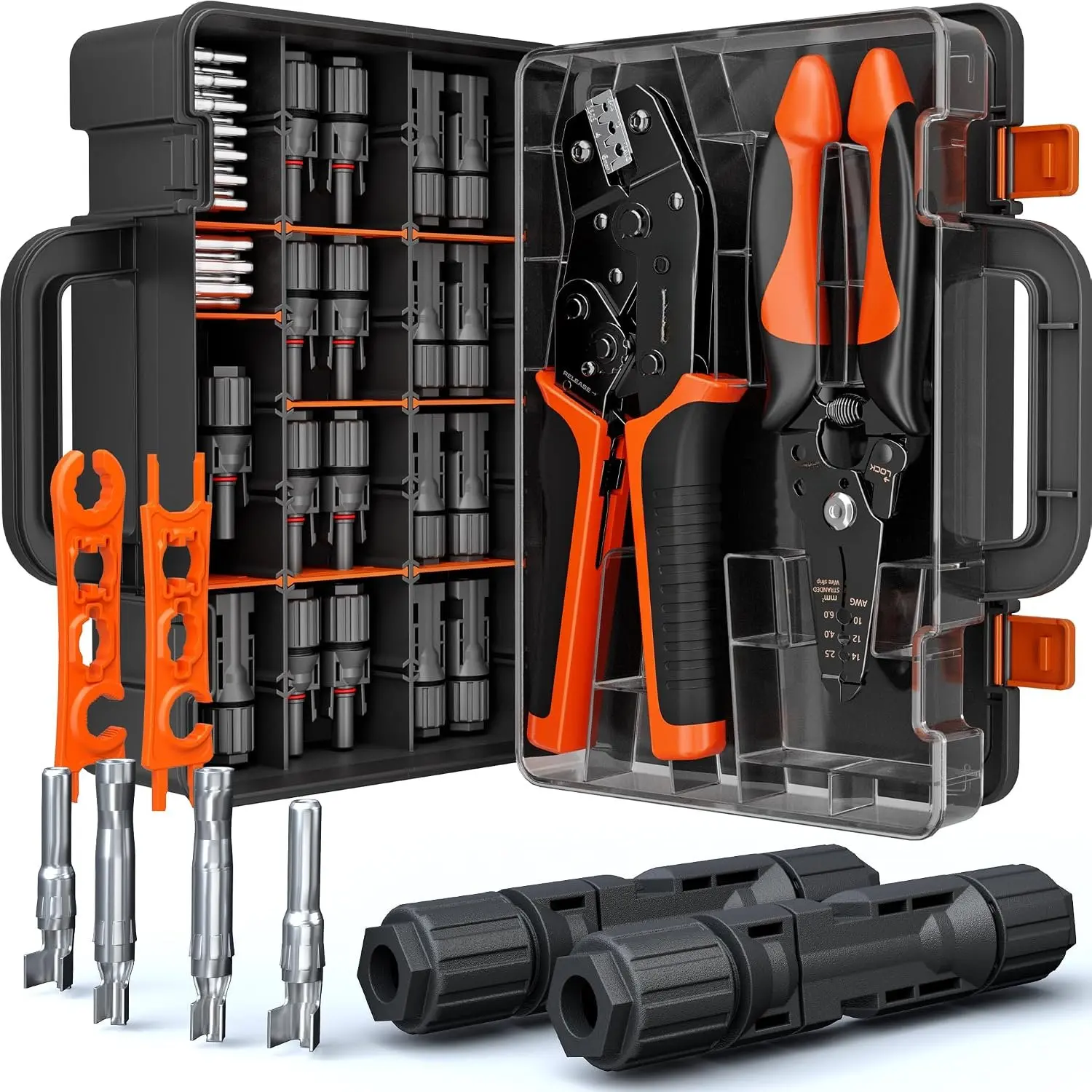 Solar Connector Crimping Tool Kit, 14-10 AWG  for Solar Panel Cables, Tool Kit with 12 Pairs of Solar Connectors and Wrench and Stripper and , Solar Panel Connectors