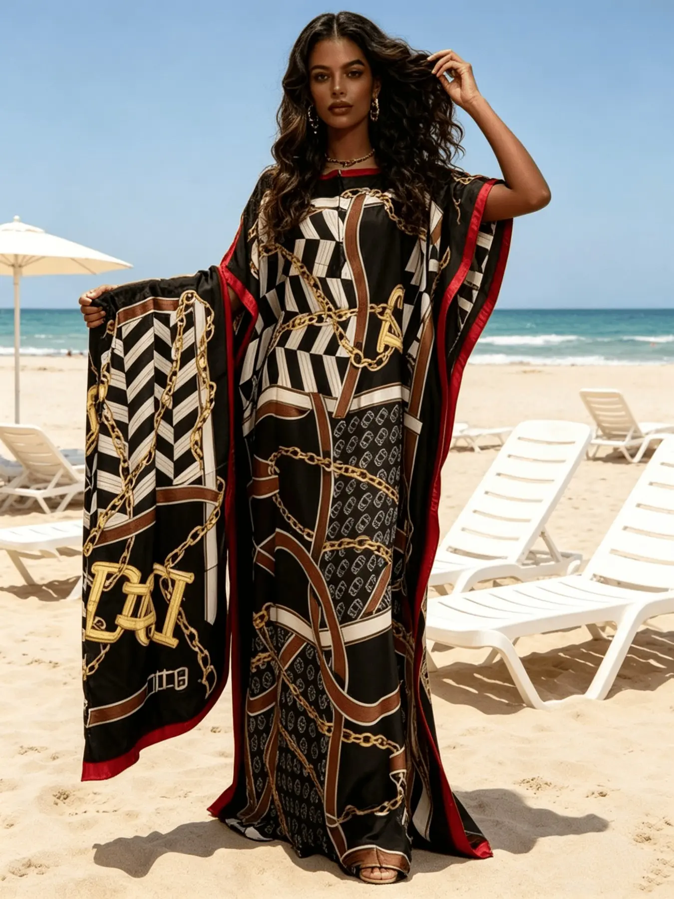 Women's Black Retro Chain Letter Geometric Print Maxi Kaftan Dress with Matching Headscarf 2 Piece Set, Silky Satin Loose Batwing Beach Cover Up, Plus Size Loungewear Nightgown Pajama for Resort Pool Home Sleepwear