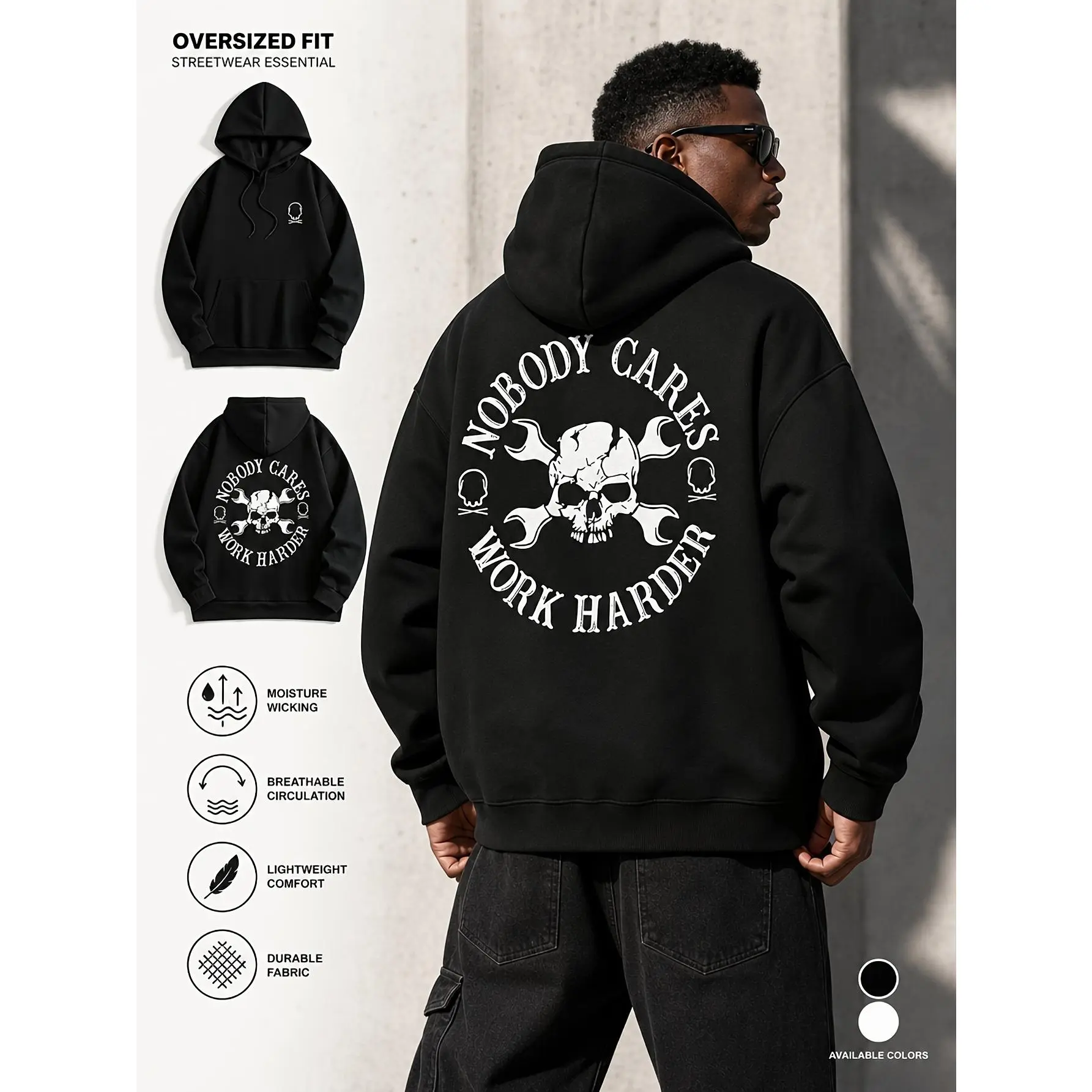 American-style skull wrench slogan oversized hooded sweatshirt, featuring a circular English lettering on the back paired with a retro print of a cracked skull repair tool, and a simple skull logo on the chest. Made of durable, breathable, and moisture-wi