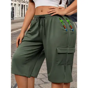 2PCS Women Summer Breathable Cargo Capri Pants, Elastic Drawstring Waist Big Cargo Pockets Trendy Zip Decor Loose Casual Walking Shorts