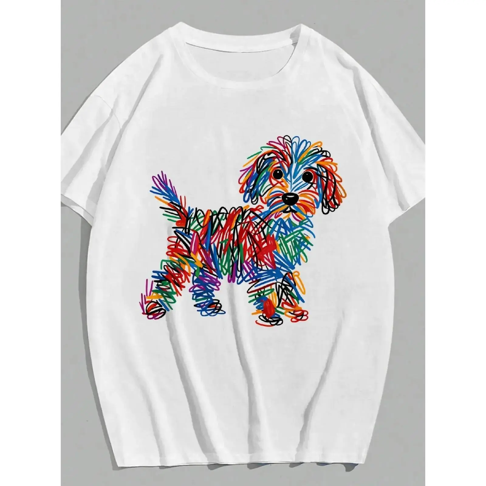 Colorful Graffiti Dog Pattern T-Shirt Cute Pet Lover Shirt Aesthetic Puppy Sketch Unisex Casual Wear Dog Owner Gift