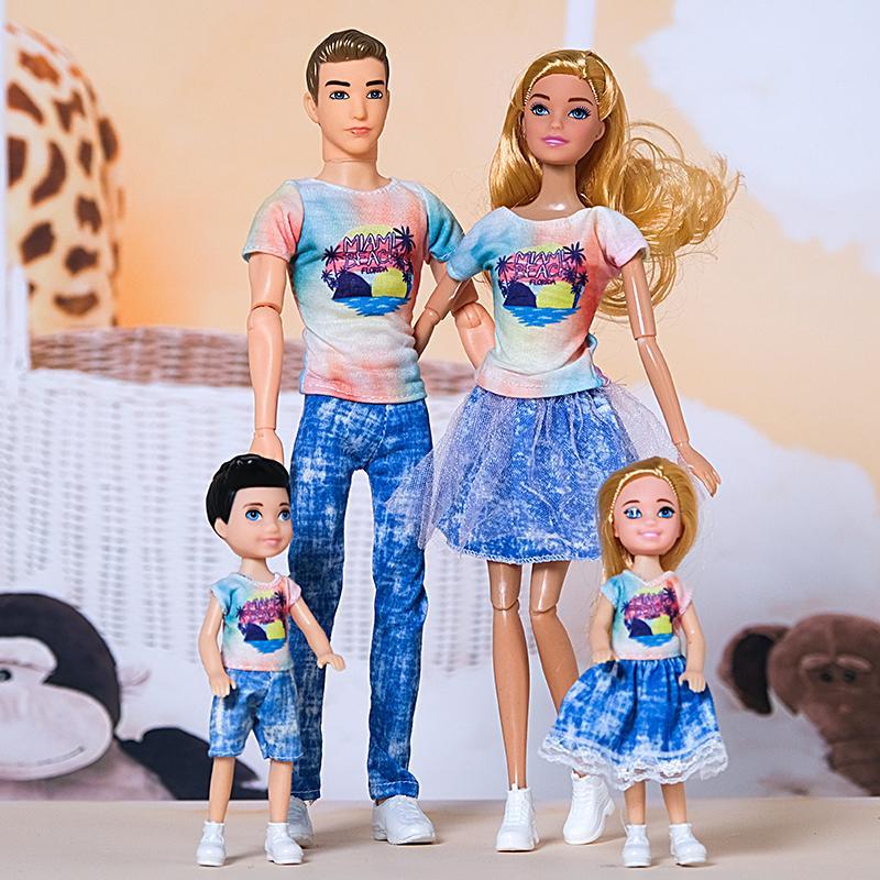 1/6 Barbi Doll Toy Family Doll Set of 4 People Mom Dad Kids 30cm Barbies Doll Full Set With Clothes for Education Birthday Gift