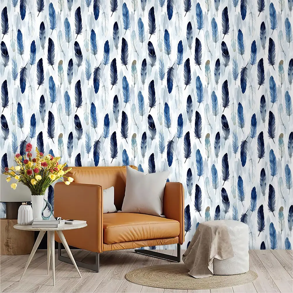 Watercolor Blue Feather Pattern Wallpaper, PVC Material, Self-Adhesive, Ideal for Living Room, Kitchen, Bedroom, Wall Decor, Easy to Apply