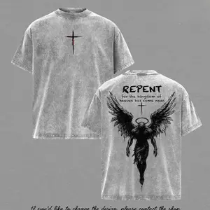Repent Vintage Washed Oversized Christian T-Shirt, Angel Wings Faith Graphic Tee, "Kingdom of Heaven Has Come Near" Gospel Streetwear Top, Heavy Cotton Unisex Retro Worship Shirt U8N, Apparel, Shortsleeve