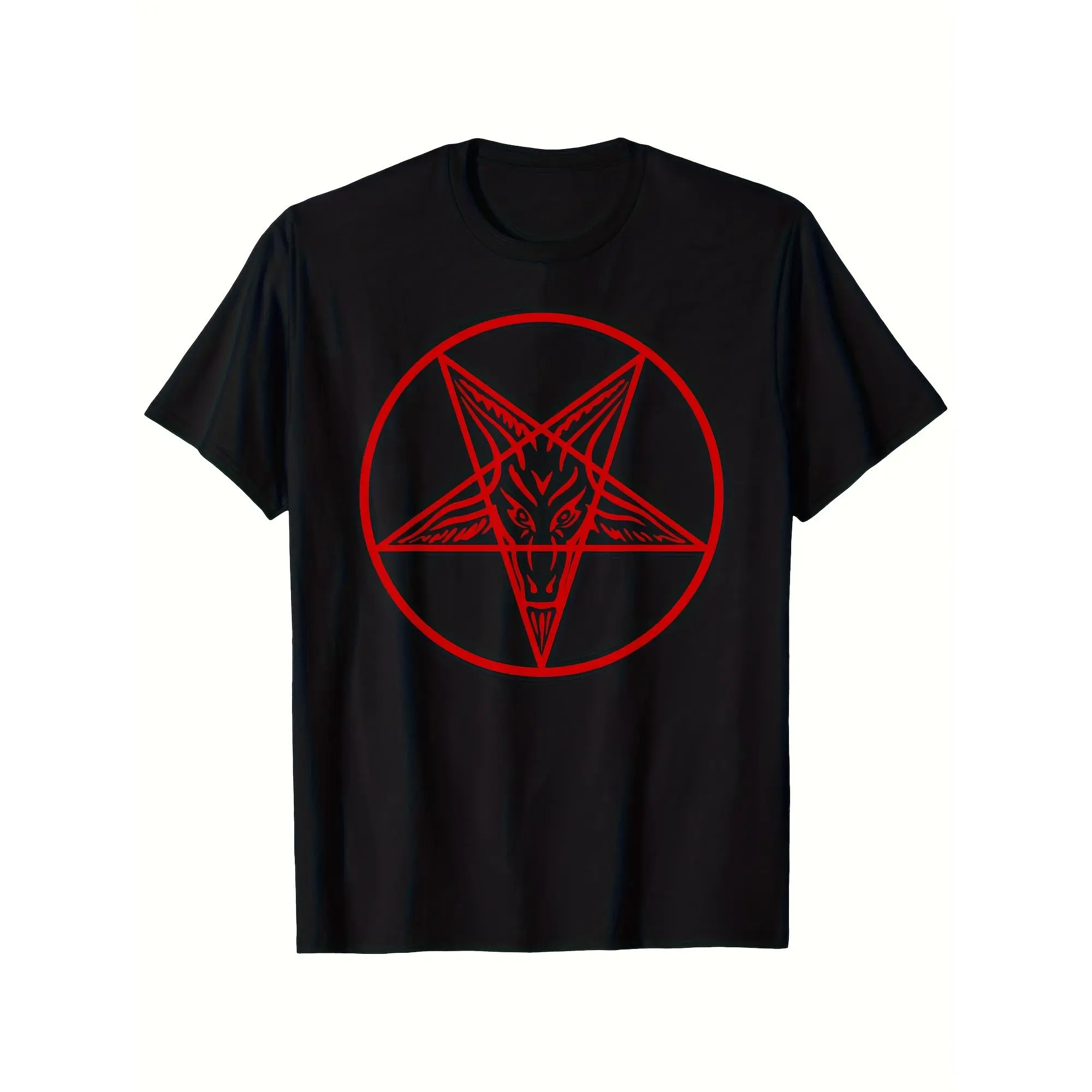 Unisex 100% Cotton Short-Sleeve Round Neck Menswear T-Shirt - Gothic Occult Baphomet & Inverted Pentagram Print, Bold Red & Black Fashion Design - Machine Washable, Year-Round Casual/Themed Event Wear, Shortsleeve, Year-Round Wear