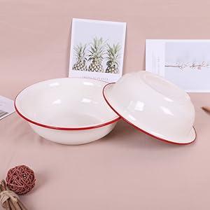 Set of 2 Enamel Bowls, 3 Quart Large Enamel Mixing Bowls, White Enamelware with Red Rim, 11 Inch Vintage Enamel Soup Basins for Fruit, Salad, Pasta, Dinner Set of 2 Enamel Bowls, 3 Quart Large Enamel Mixing Bowls, White Enamelware with Red Rim, 11 Inch Vintage Enamel Soup Basins for Fruit, Salad, Pasta, Dinner