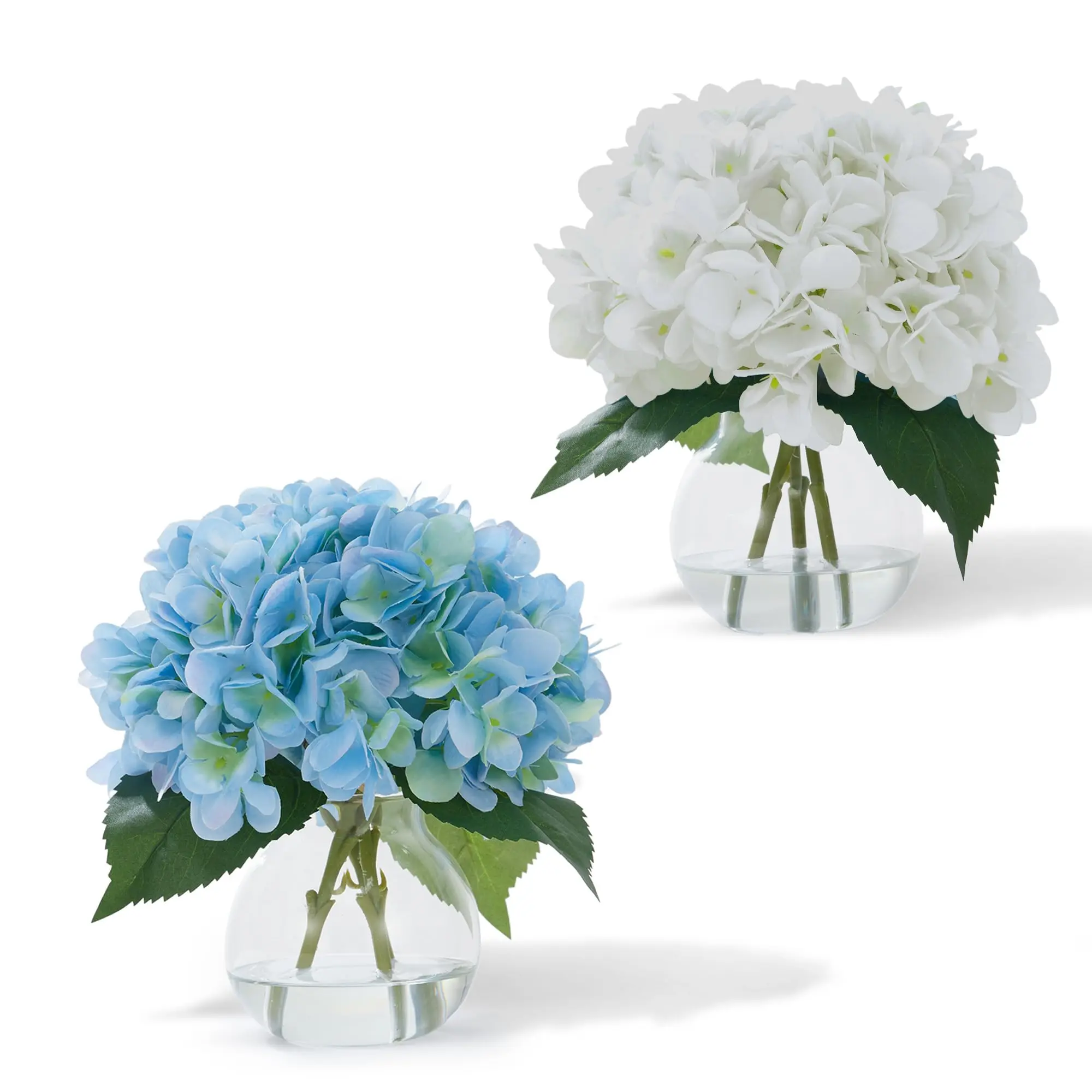 Garvee Set of 2 Artificial Hydrangea Flowers in Glass Vase with Synthetic Water, Fake Hydrangeas, Imitation Floral Arrangements for Home Office, Centerpiece, Bathroom, Decoration
