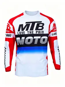 Men's Blue Mountain Bike Style Long Sleeve T-Shirt, Quick-Dry Breathable Cycling Top, Gradient Print Streetwear, Casual Sportswear For Summer