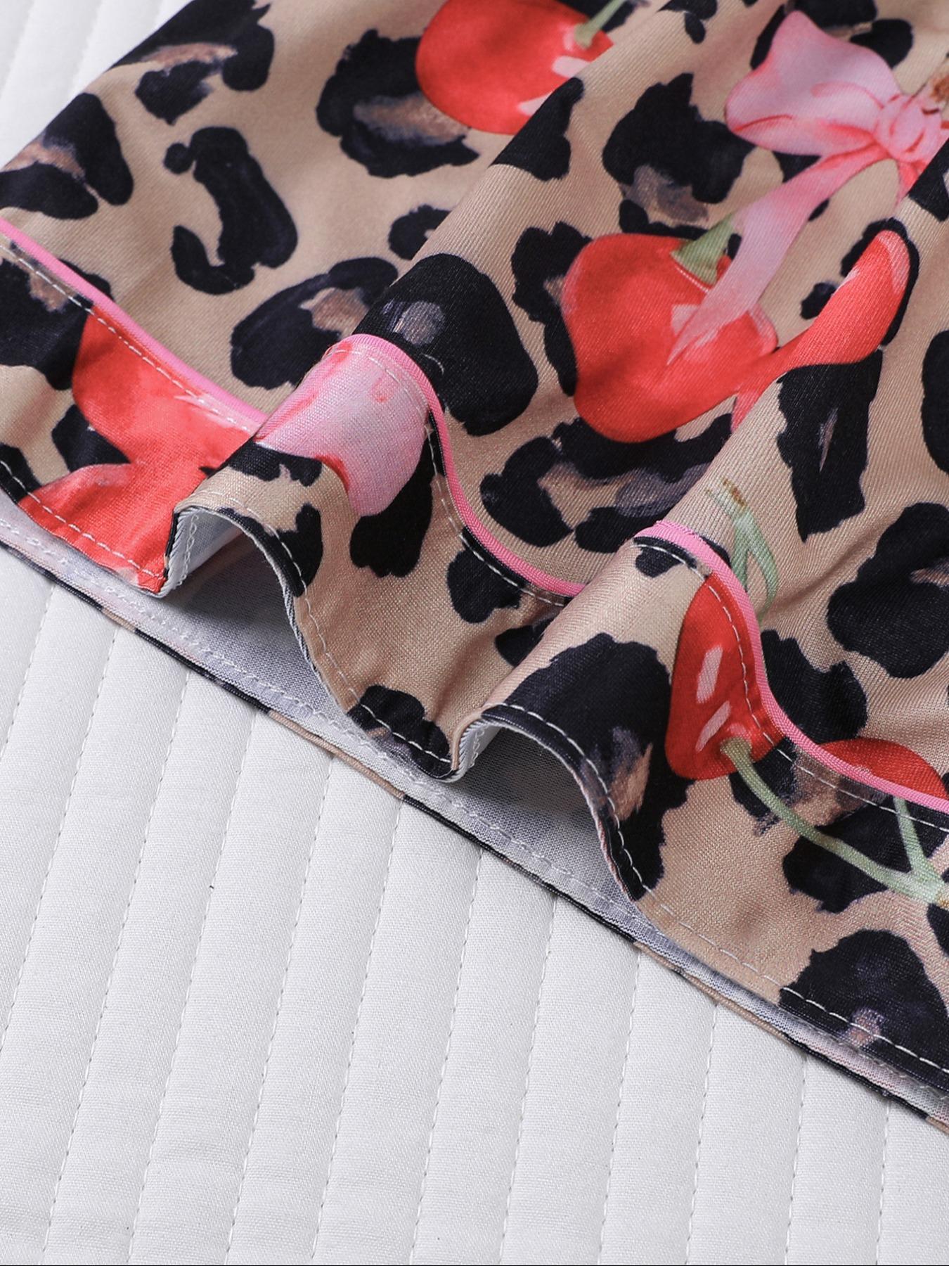 【Pink cherry】Women's Leopard Print Cherry Bow Sleepwear Set, Short Sleeve Button Front Top & Elastic Shorts, Casual Home Wear, Party