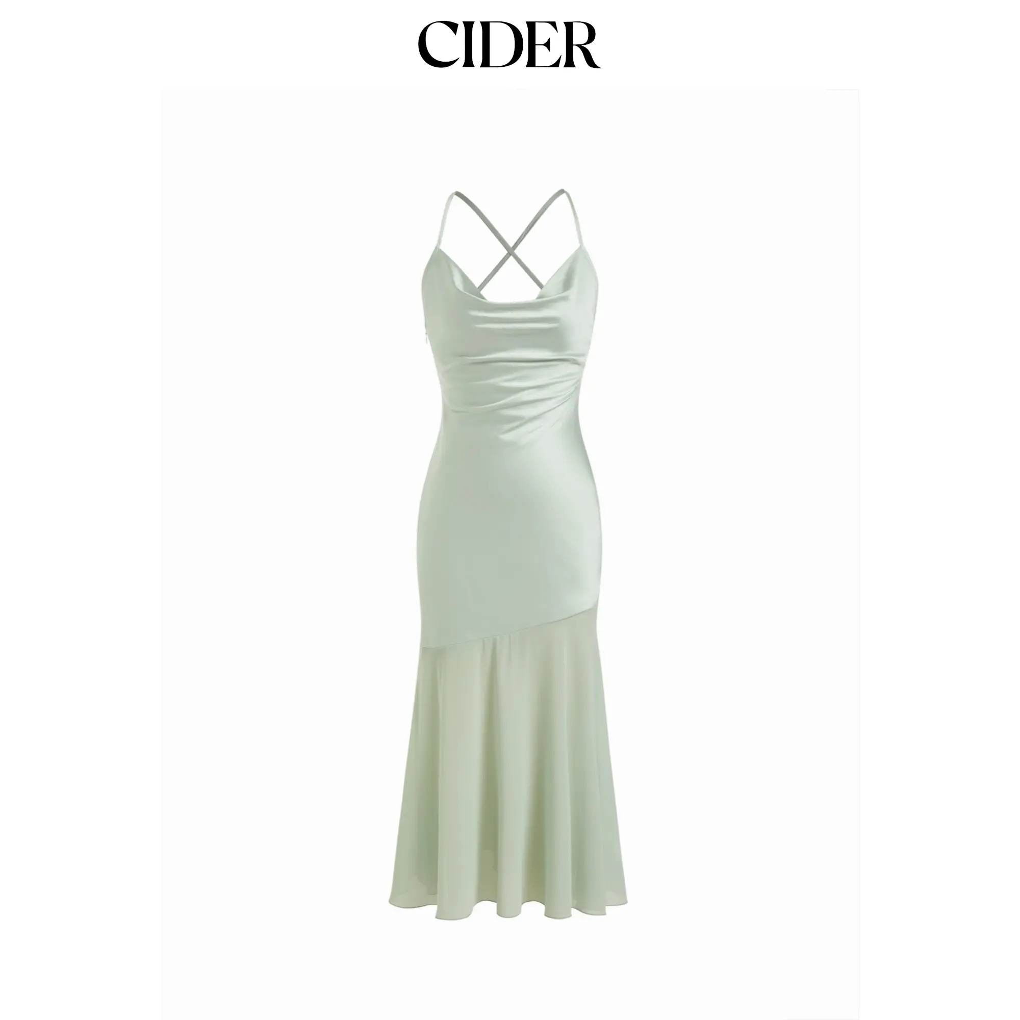 Cider Satin Cowl Neck Ruched Criss Cross Mermaid Maxi Dress SohoChic