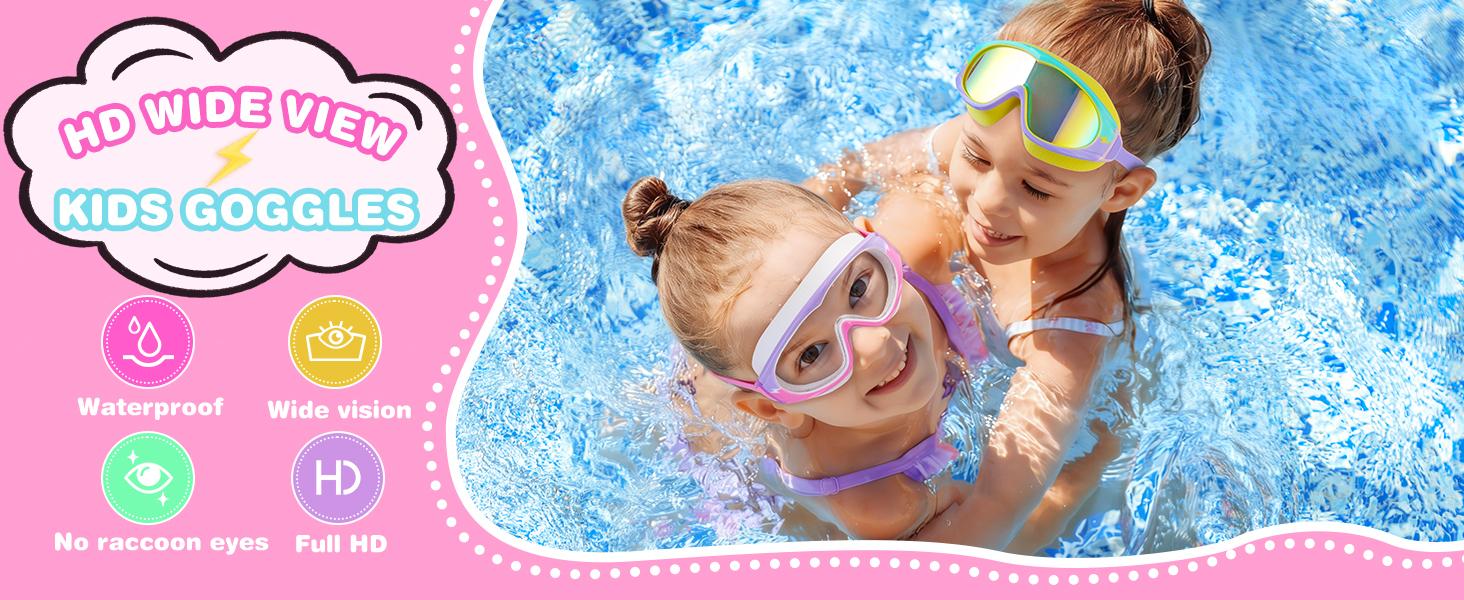 2 Pack Wide View Swimming Goggles, No Leaking Kids Swim Goggles with Anti-Fog/UV HD View Kids Goggles Boys Girls 3-15