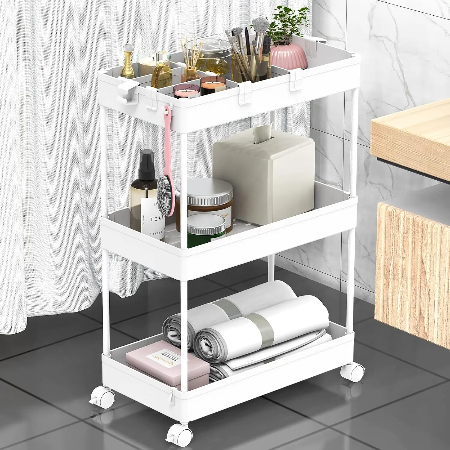 3 Tier Rolling Cart with Wheels, Craft Art Trolley Organizer Serving, 3 Baskets Easy Assembly, for Office,,Living Room,, White
