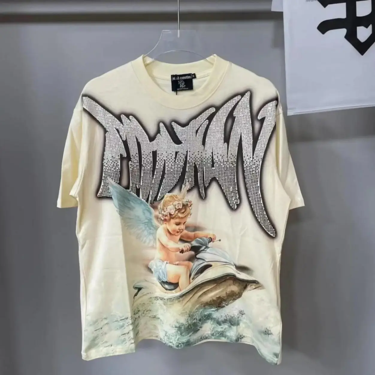 MIXED EMOTION Mens Y2K Hip Hop Diamond Angel Graphic Cotton Tee Vintage Washed Oversized Streetwear 2026 Summer Casual Short Sleeve Trendy Graphic Shirt