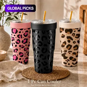 32oz Leopard Print Universal Cup Insulator for To-Go Coffee, Vacuum Stainless Steel Can Cooler Keeps 12H Ice Cold, High Aesthetic Summer Drink Holder for Office & Car, Tumbler