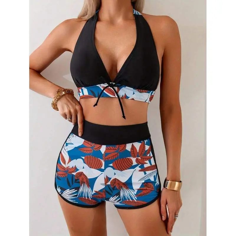 2026 New Blue Red Leaf Print Sun Protection Bikini Set Halter Drawstring High Waist Two Piece Swimwear
