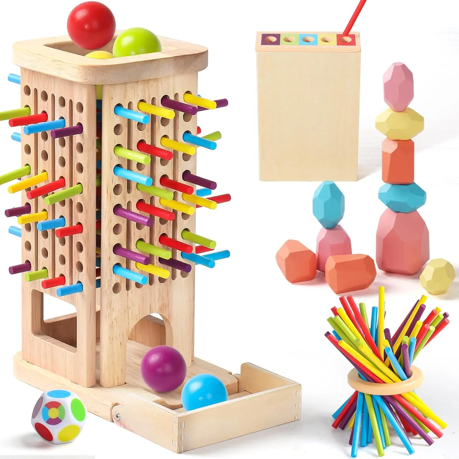 Montessori Toys for 3 Year Old Fine Motor Skills Toys for 5 Year Old Wooden Board Game Operation Games Educational Toys with Colorful Sticks, Dice & Stones, Family Game Gifts for Age 4 5 6 Boys Girls