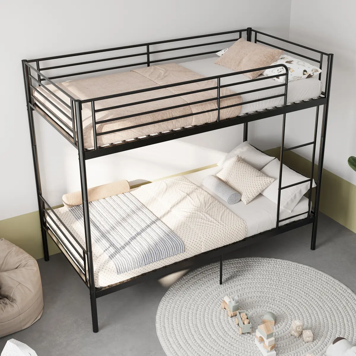 Bunk Bed with Ladder and high Guardrail,19 bed crossbars, Able to Split, Metal Bunk Bed, Storage Space, Noise Free,Twin Over Twin Size,Black