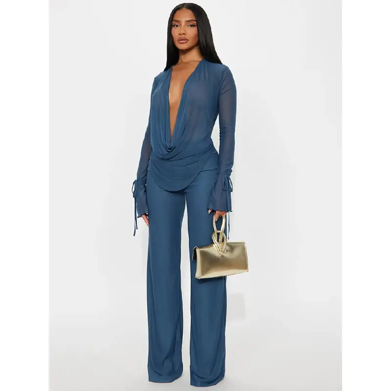 Women's 2-Piece Chic Sports Clothing Set - Long-Sleeve Deep V Mesh Blouse/Shirt, Adjustable Strap Wide Leg Pants, Casual Loose Fit, All Seasons Daily Wear, Hand Wash Solid Color