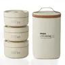 Unisex Adults' 4/3-Piece Compact Design Insulated Stainless Steel Bento Lunchbox Set - Round, Leak-Proof, Stackable, Microwavable Thermal Containers with Beige Machine Washable Lunch Bag for Camping, Picnic