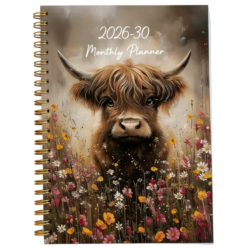 2026-2030 Monthly Planner/Calendar - January 2026 to December 2030, 5-Year Monthly Planning Schedule Book, Floral Highland Cow Themed Cover Design Notebook, Annual Calendar Planning, Monthly Tabs, 60-Month Calendar, 5.5 x 8.3 inches, Thick Paper, Elastic