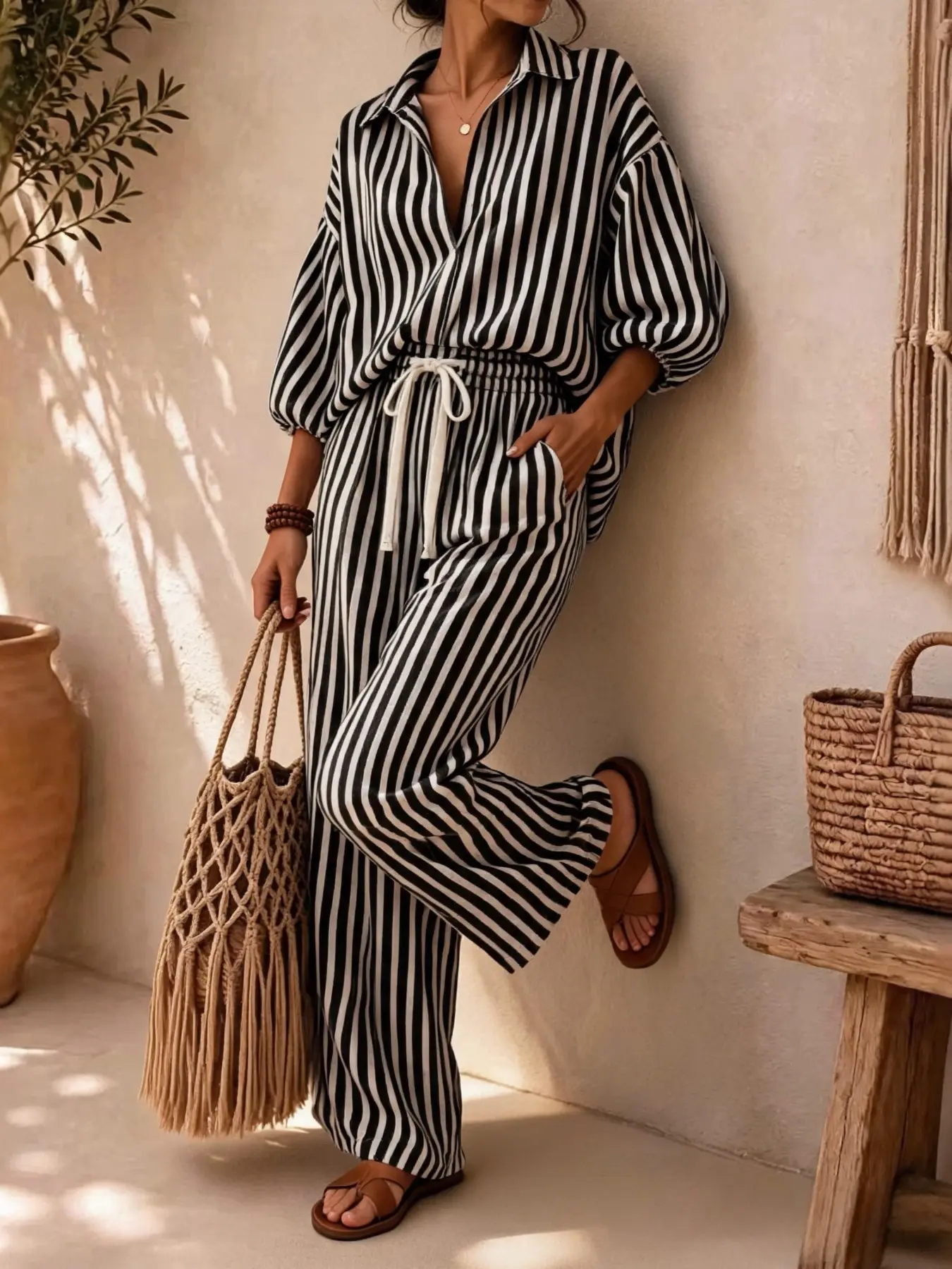 Women's 2-Piece Casual Set, Fall Winter European Style Polo Neck Striped Print Half-Open Front, Home Wear Pajama Set, New Arrival