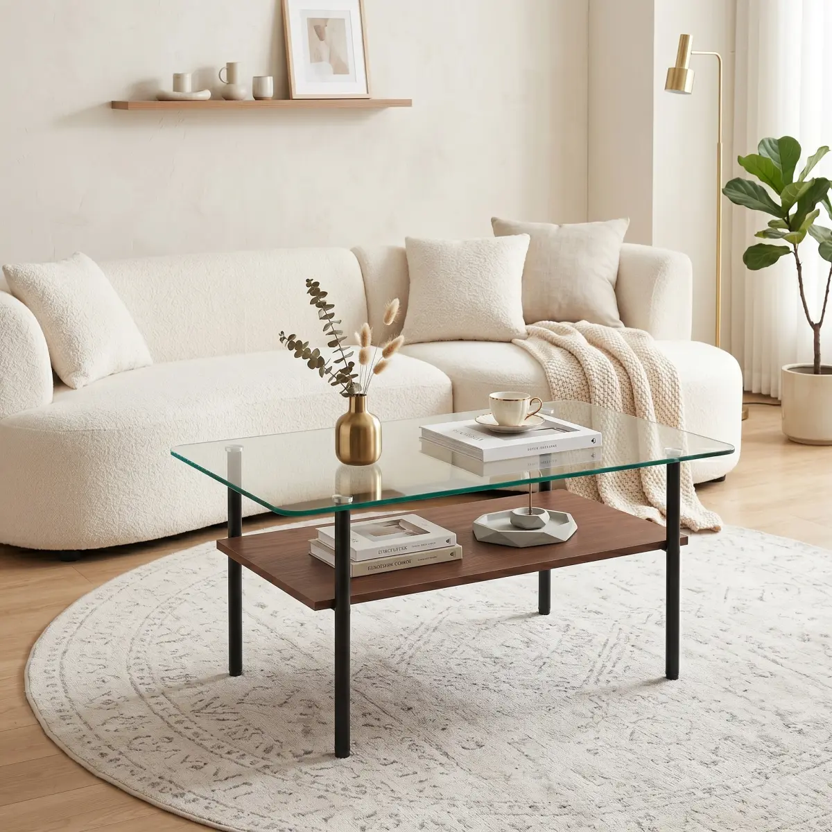 [Bellemave] 2-Tier Modern Glass Coffee Table For Living Room, Rectangular Tempered Glass Top, Metal Legs With Wooden Shelf.Easy To Clean, Stylish Center Table 38.6 * 22.8 * 17.7 Inches﻿