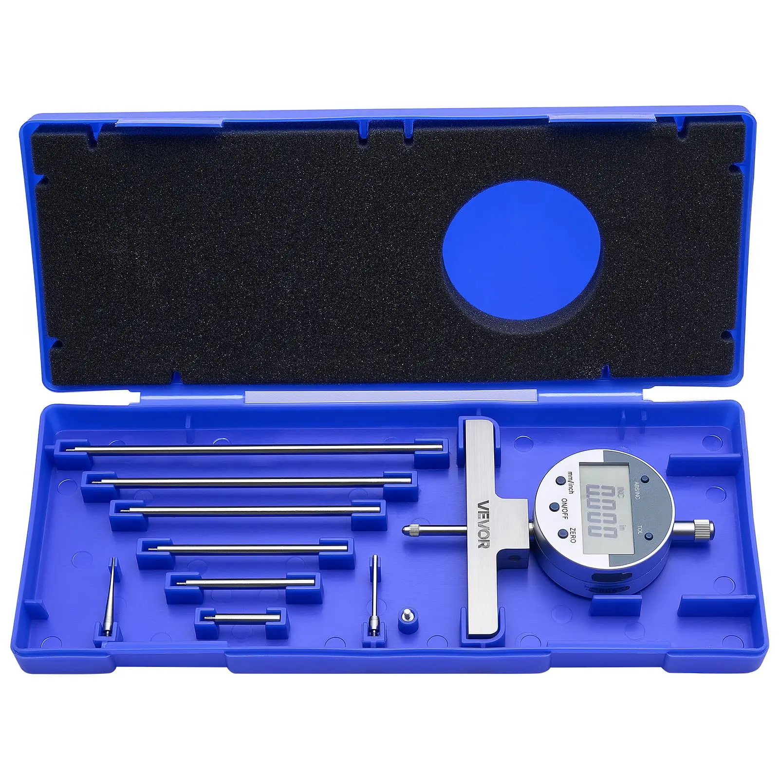 VEVOR Depth Gauge, Depth Micrometer Digital Electronic Indicator 0-22 inch Measuring Range, 0.0005" Resolution, Precision Unit Conversion with 4 Anvils, Measuring Tool for Groove, Step, Hole