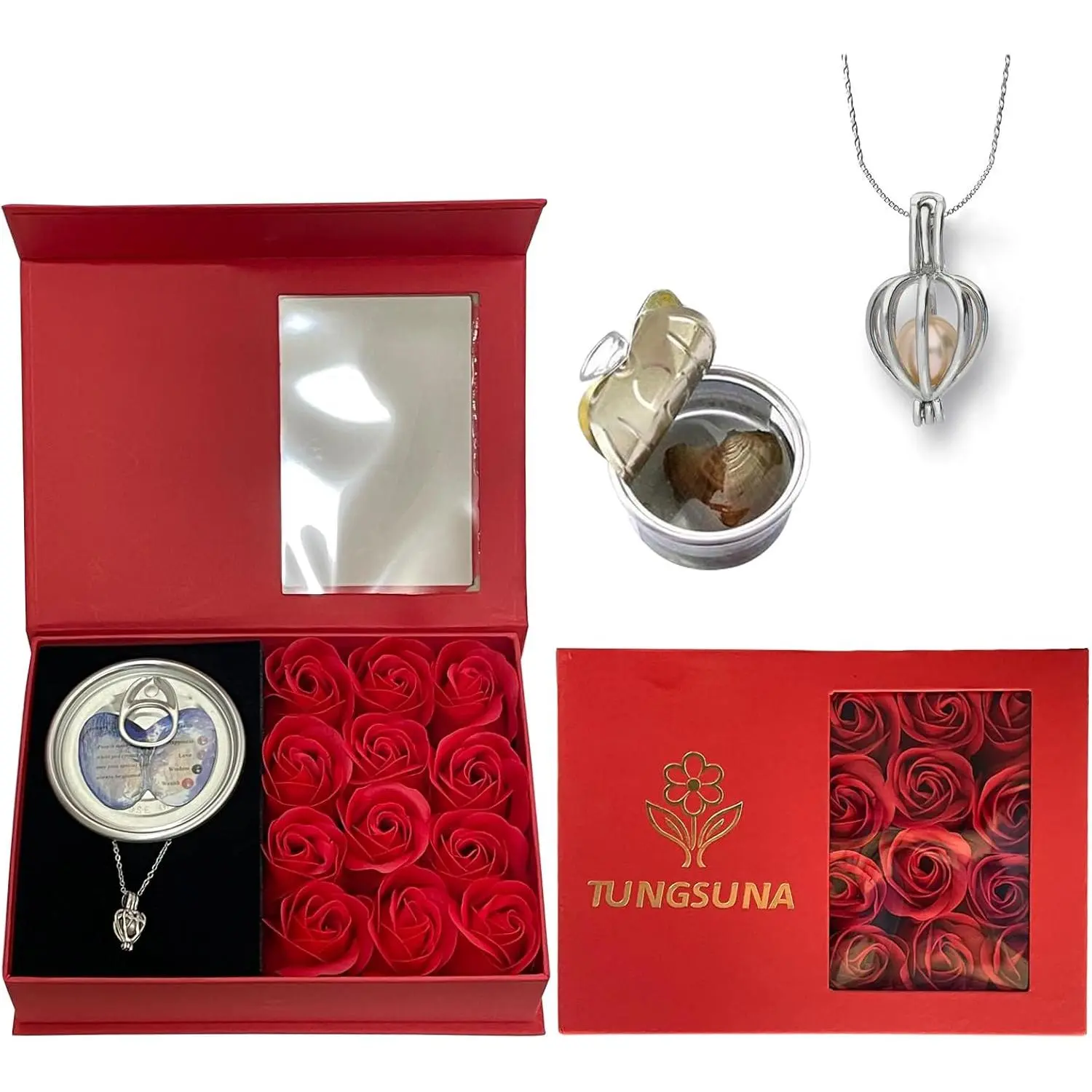 Preserved Red Artificial Roses & Blind Box Genuine Pearl Necklace Gift Set - Valentine’s Day Gift for Women, Special Occasions Festive & Party Supplies