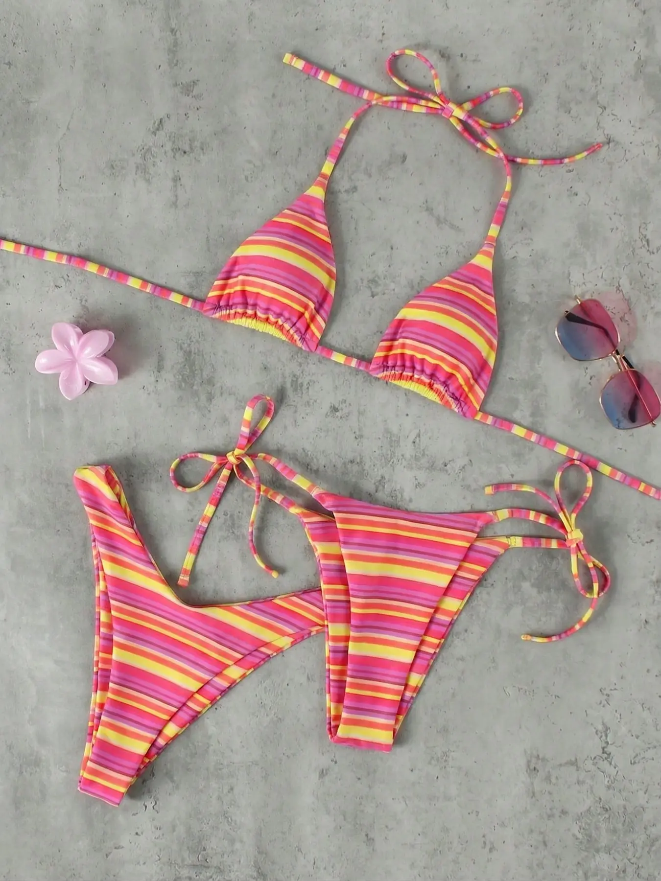 Women's Striped Halter Bikini Set, Bikini Swimsuits, Elegant Sexy Swimwear, Bikini Beachwear for Summer Beach Vacation, Fashionable Design for Holiday Outing