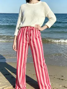 Women's Striped Straight Leg Pants, Elastic Waist Drawstring Long Pants, Breathable Polyester Fabric, Ideal for Daily Wear, Vacation, Evening Outing