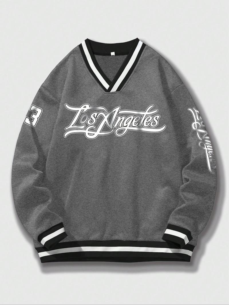 Men's Letter & Figure Print Striped Trim Drop Shoulder Sweatshirt, Loose Casual Preppy Style Long Sleeve V Neck Pullover for Fall & Winter, Men's Clothes for Daily Wear