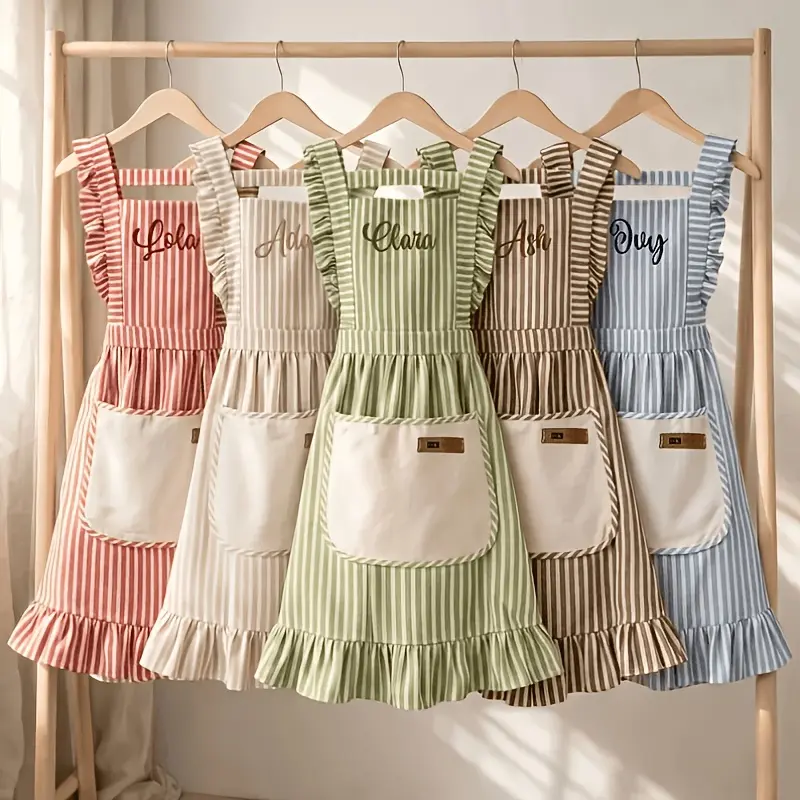 1pc Custom Striped Apron, Embroidered Name Apron, with Washable Hand Pocket, Fashionable Home Use, Breathable for Restaurants, Princess Waist Design, Blue Strips, Kitchen Wear, One-Piece