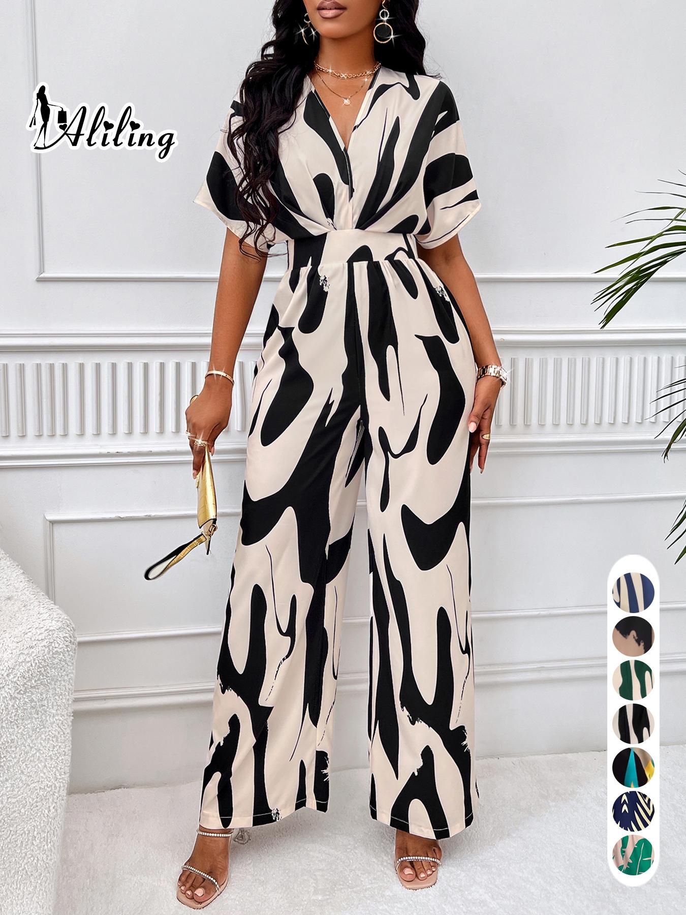 Women's Elegant Loose-Fit V Neck Short Sleeve Romper, Woven Fabric Wide Leg Pants, All Season Fashionable One-Piece Womenswear