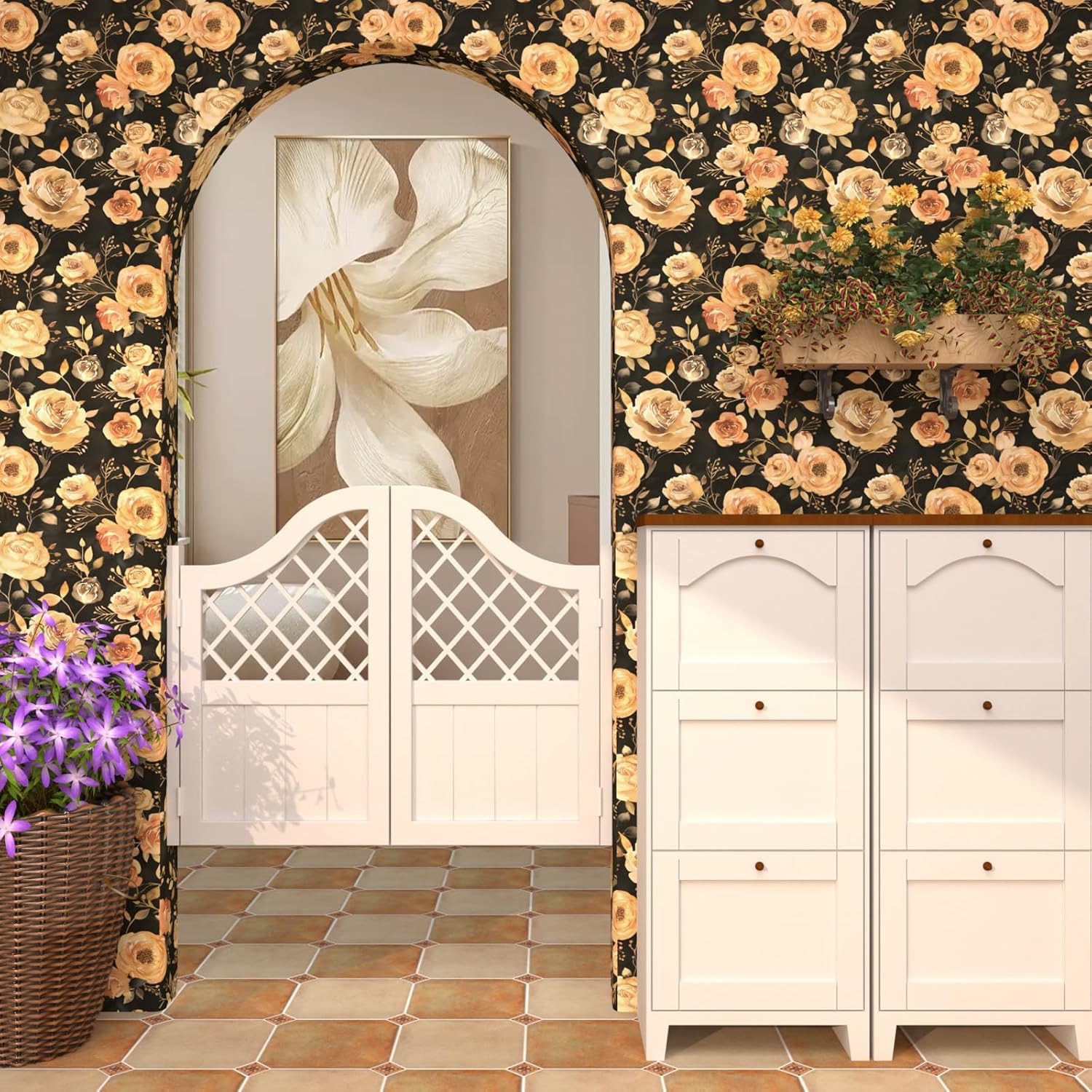 Flower Wallpaper Yellow/Orange Floral Peel and Stick Wallpaper Cream Contact Paper Waterproof Self Adhesive Covering for Bedroom Cabinet Bathroom Home Decor 17.4" x 118"