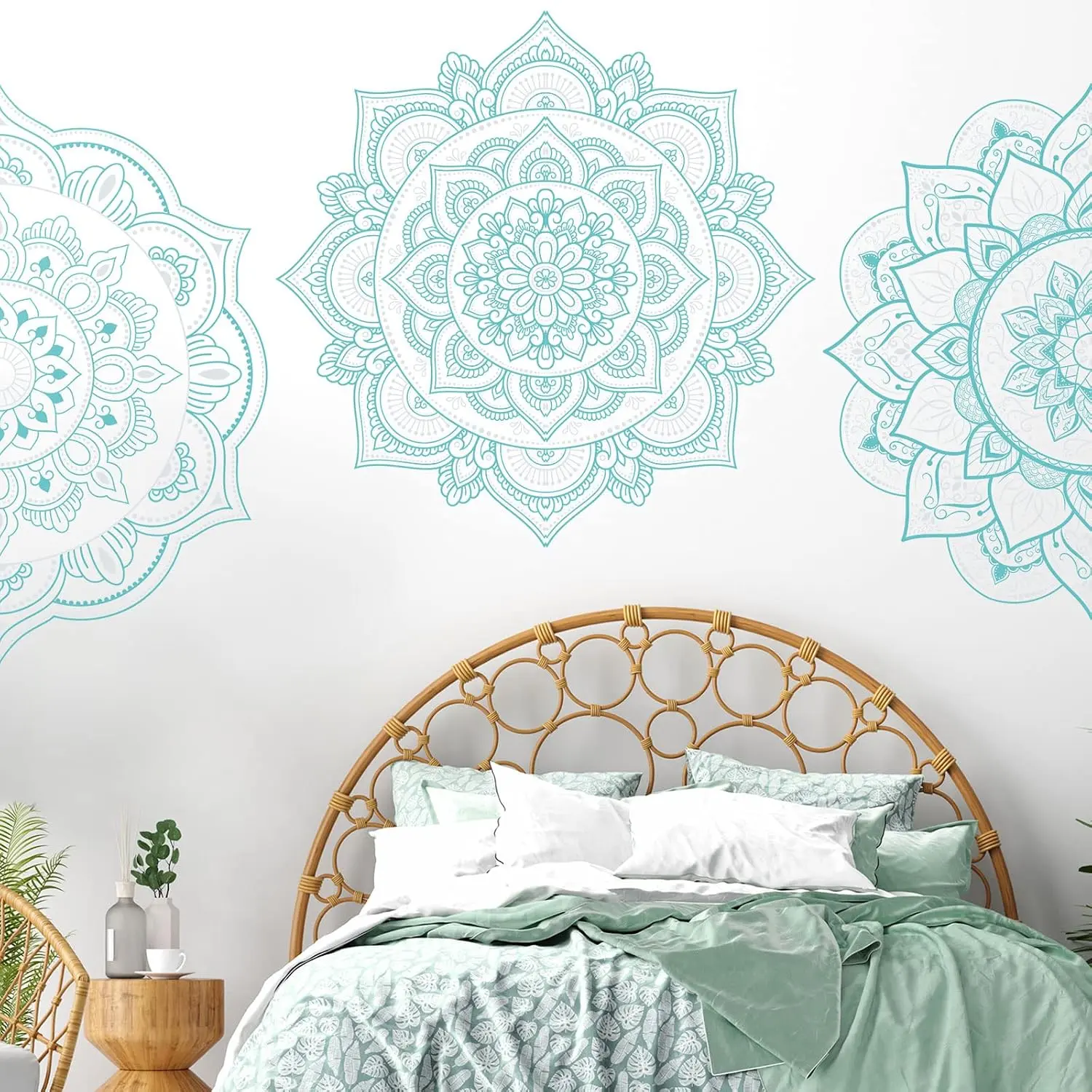 4 count Blue Green Half Mandala Wall Decal Boho Mandala Sticker Lotus Flower Vinyl Wall  Flower Stickers Headboard Decoration Indian Namaste for Bedroom Living Room Yoga