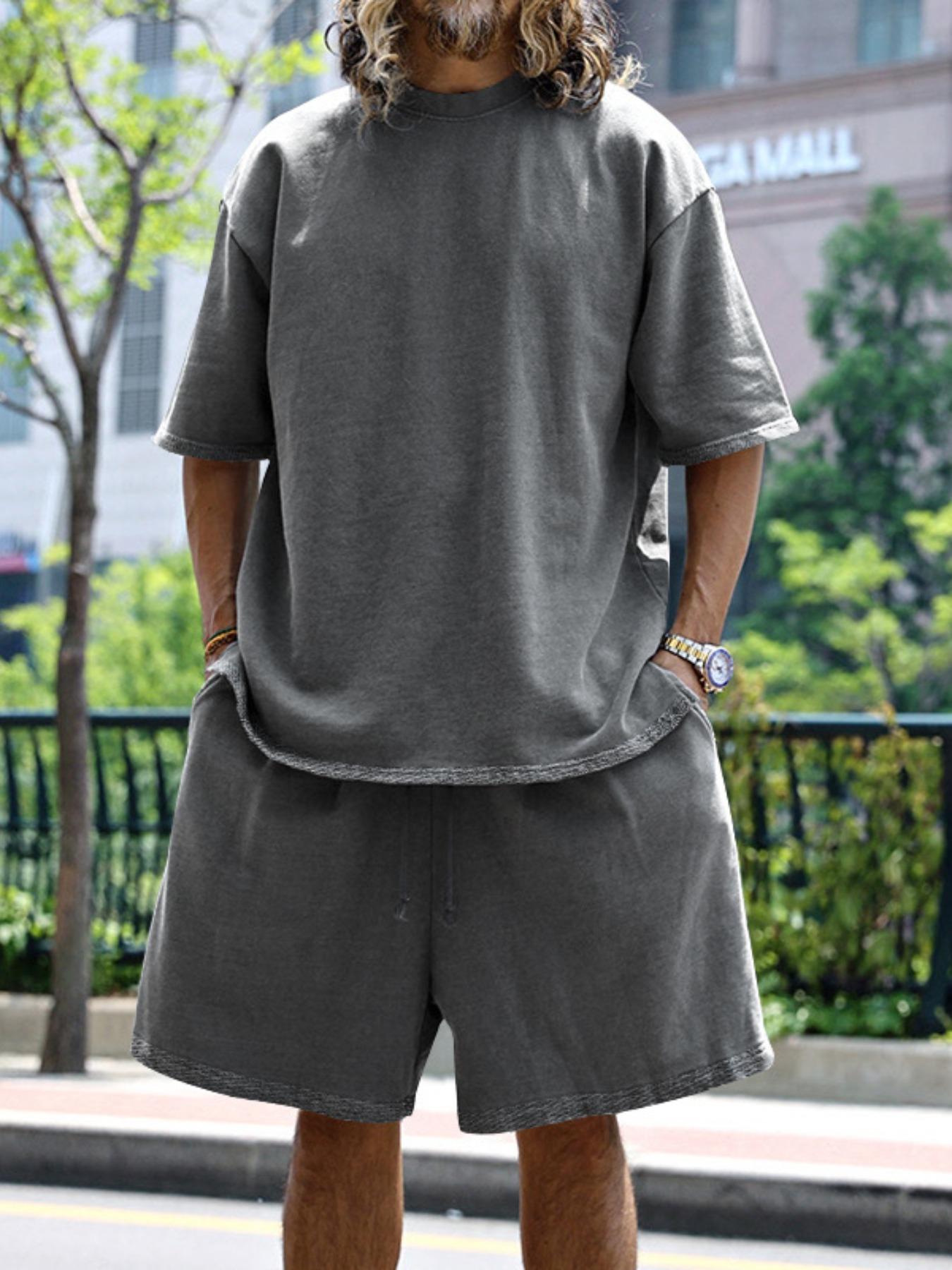 Men's Summer Casual Set, Pure Color Round Neck Short Sleeve Tee & Shorts, Classic Loose Fit Sportswear, Comfortable Daily Wear