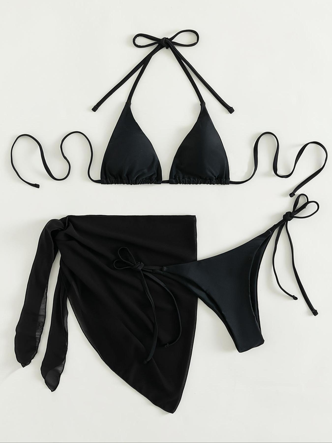 Three-Piece Set Women's Solid Bikinis Set,  Casual Padded Triangle Halter Swim Top & Tie Side Swim Bottom & Cover Up Skirt Set for Beach Holiday Vacation, Summer Outfits 2026, Plain Bikini Set