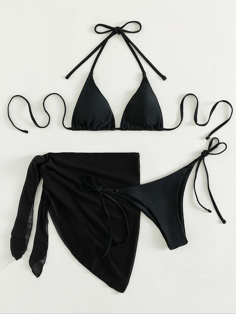 Three-Piece Set Women's Solid Bikinis Set,  Casual Padded Triangle Halter Swim Top & Tie Side Swim Bottom & Cover Up Skirt Set for Beach Holiday Vacation, Halter Bikini Swimsuit, Summer Outfits 2026