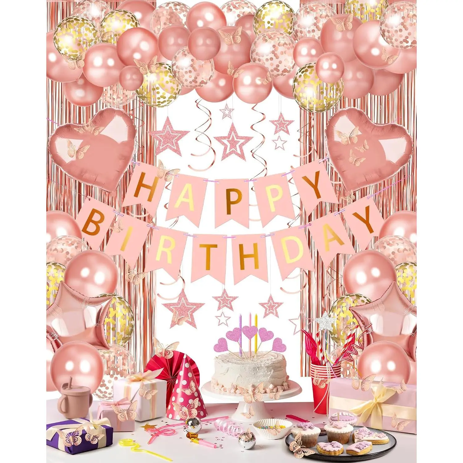 Rose  Happy Birthday Party Decorations, Happy Birthday Banner, Rose  Foil Heart  Confetti Balloons Curtain Backdrop  Swirls Party Decor for Girls Women Princess