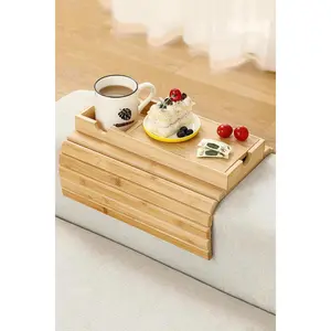 Sofa Armrest Tray Bamboo Large Couch Cup Holder with Hidden Storage Portable Anti-spill Beverage Snack Remote Holder